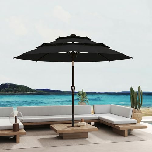 10FT Patio Umbrella 3 Tiers Outdoor Market Umbrella w/Push Button Tilt, Crank, UV and Waterproof Table Umbrella for Garden, Pool, Backyard, Deck, Lawn, Black - color: Black