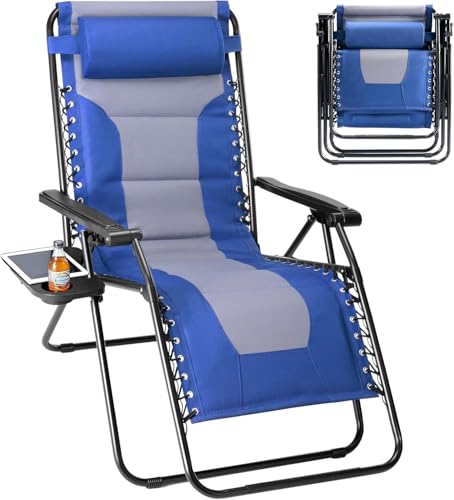 Simple Deluxe Relaxing Recliners Patio Chairs Adjustable Steel Mesh Zero Gravity Lounge Chair Beach Chairs with Pillow and Cup Holder, Blue Grey - color: Blue Grey, size: 62.2"(L) x 29.13"(W) x 41.73"(H)