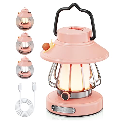 HOMY Pink Retro Kids Camping Lantern, 3-Color Dimmable Portable LED Night Light with Handle, Vintage Decorative Lamp for Toddlers, Gift for Tent, Backyard & Indoor Play - color: Pink