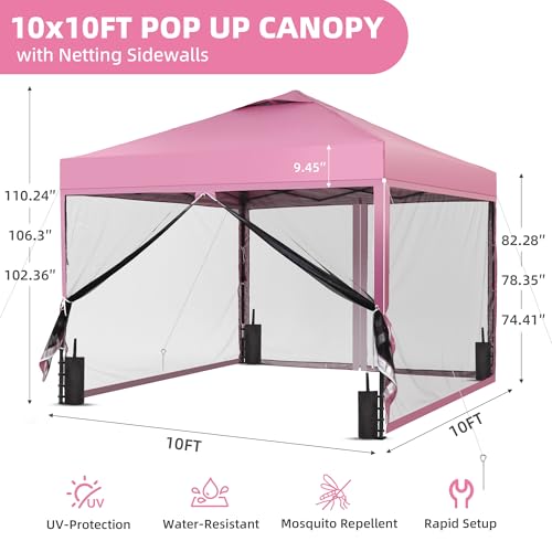 GDY 10x10 Pop up Canopy Tent with Mosquito Netting, Easy up Gazebo for Patio, Camping and Garden, Includes 4 Sandbags, Pink - color: Pink, size: 10x10 with Mosquito Netting