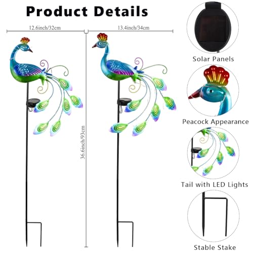 DREAMSOUL 2 Pack Metal Peacock Solar Lights Outdoor Waterproof LED Solar Lights, Decorative Garden Stakes for Yard Pathway Peacock Decor - color: Vibrant-2pack