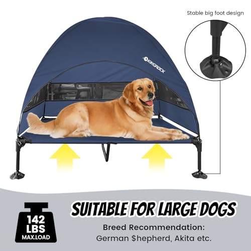 KINGROCK Elevated Dog Bed with Removable Canopy Portable Outdoor Pet Cot Waterproof 600D Oxford Fabric Anti Slip Feet for Large Dogs Camping Beach Indoor and Outdoor Use - color: Navy, size: 42.5"L x 30"W x 33"Th