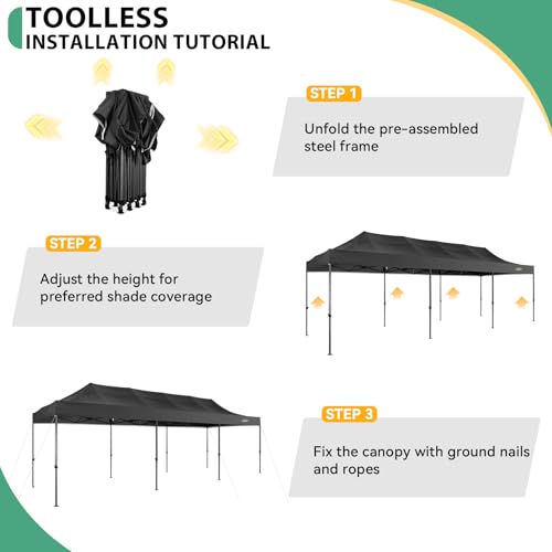 COBIZI 10x30 Heavy Duty Pop Up Canopy Tent with 8 Sidewalls Thicken Frame, Commercial Easy Up Outdoor Wedding Party Tents, All Season Waterproof Windproof with Stakes Sandbags Ropes Roller Bag, Black - color: Black, size: 10x30