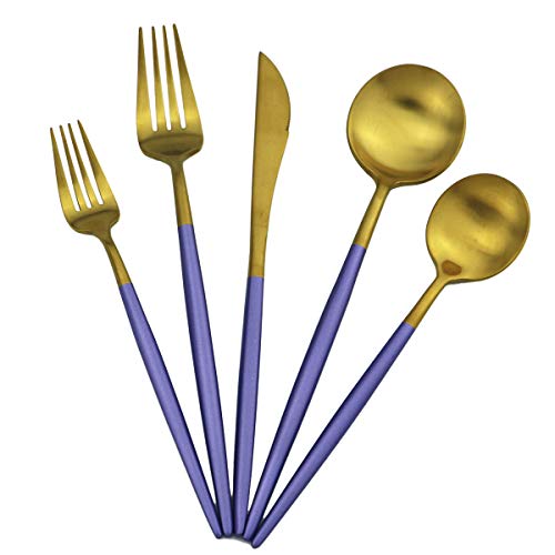 5-Piece Matte Gold Silverware Set, 18/10 Stainless Steel Satin Finish Flatware, Kitchen Utensil Set, Dishwasher Safe - color: Purple Handle Gold, size: Service for 1