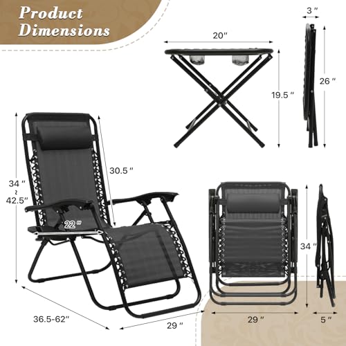 Athena Collection Zero Gravity Outdoor Lounge Chair Set of 2 with Side Table, 29" Width Pool Lounge Lawn Chairs Reclining with Cup Holder, Outdoor Chaise for Beach Patio Backyard Outside, Blue - color: Black, style: 29" Width