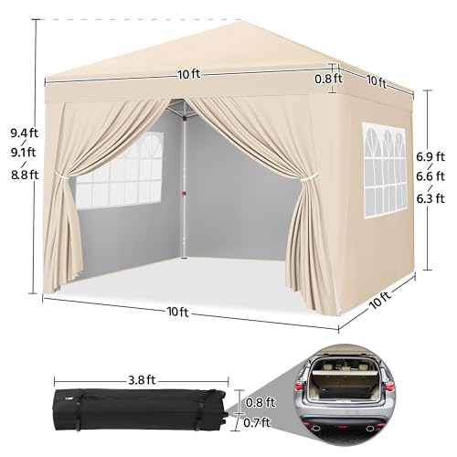 Yaheetech 10x10 Pop Up Canopy with 4 Removable Sidewalls, Portable Enclosed Instant Tent, Waterproof Outdoor Tent, Beach Sun Shelter with 4 Sandbags, 12 Stakes & 4 Ropes, Beige - color: Beige, size: 10x10