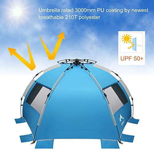 Oileus X-Large 4 Person Beach Tent Sun Shelter - Portable Sun Shade Instant Tent for Beach with Carrying Bag, Stakes, 6 Sand Pockets, Anti UV for Fishing Hiking Camping, Waterproof Windproof, Blue - color: Blue