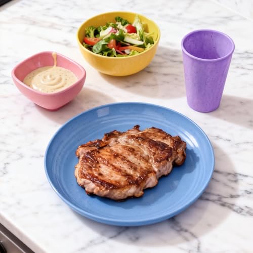 SHECIPIN 24-Piece Wheat Straw Dinnerware Set, Large Round Plates, Bowls and Cups, Unbreakable dish set, Dishwasher and Microwave Safe, Outdoor Camping Dishes - color: Colorful+ dipping sauce cups
