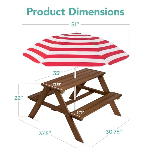 Best Choice Products Wooden Kids Picnic Table with Umbrella, Outdoor Activity Table Set with Built-in Benches, 220 lb Capacity per Bench - Walnut/Red - color: Walnut/Red