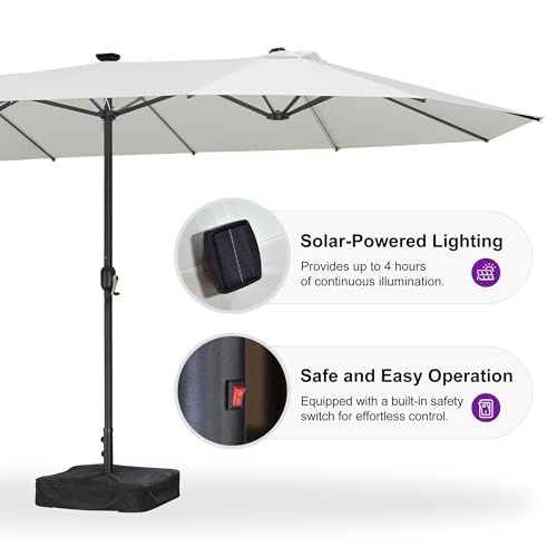 PURPLE LEAF 15ft Patio Market Umbrella with Solar LED and Base Double-Sided Rectangle Outdoor Table Sun Umbrellas with Crank for Pool Beach Deck Backyard Cream - color: Cream, size: 15' X 9' with Lights