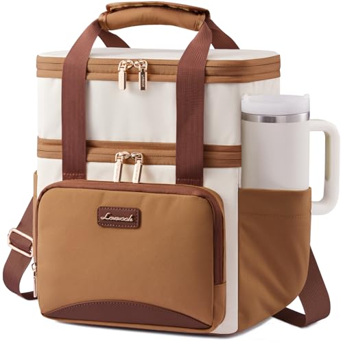 LOVEVOOK Insulated Lunch Bag For Women Men,Expandable Double Deck Lunch Box With Large Cup Holder,Leakproof Cooler Bag For Adult Lunch Tote Bag Work Picnic Beach with Adjustable Shoulder Strap Gift - color: Off White with Light Brown, size: Large —15l
