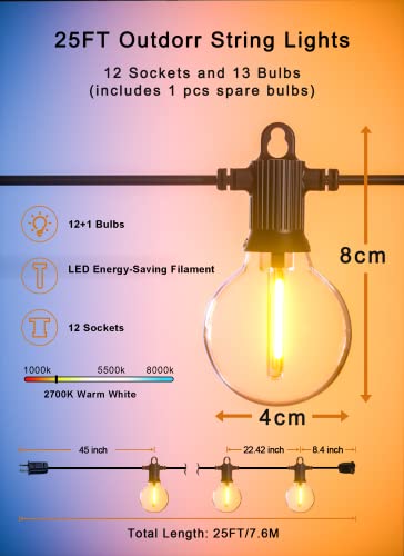 Zuske Outdoor String Lights, 25FT Patio Lights with 13 Shatterproof G40 Globe Bulb(1 Spare), Waterproof Connectable Dimmable LED Hanging String Lights for Outside Backyard Porch Balcony, 2700K - size: Electric-25FT