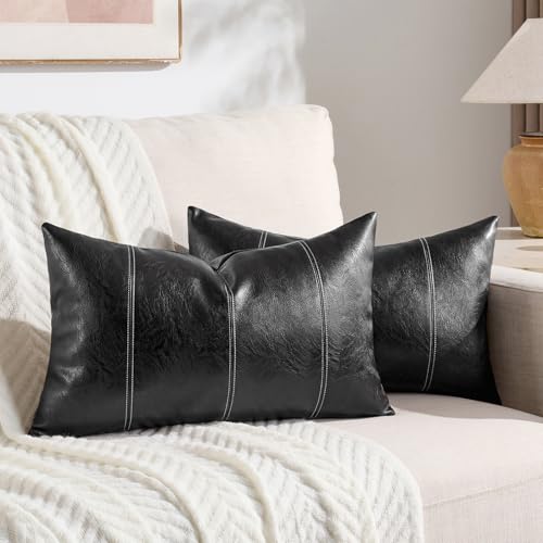 Fancy Homi 2 Packs Black Lumbar Faux Leather Decorative Throw Pillow Covers 12x20 Inch for Living Room Couch Bed Sofa, Boho Farmhouse Home Decor, Hand Stitched Rectangle Cushion Case 30x50 cm - color: Black, size: 20" x 12" (Pack of 2)