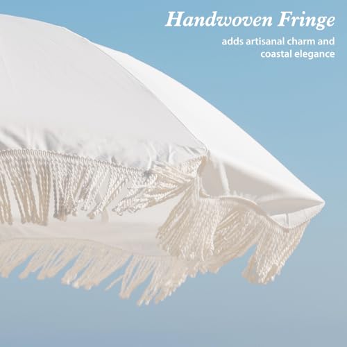 AMMSUN Boho Fringe Umbrella Outdoor Patio, 6.5ft UPF50+ Picnic Umbrella with Tassels with Steel Pole and Push Button Tilt, Antique White - color: Antique White