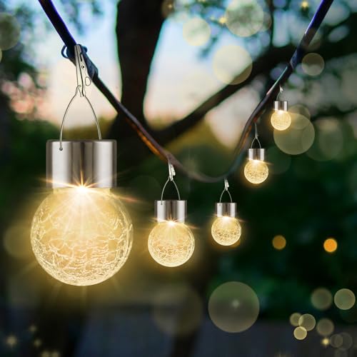 Solar Lights Outdoor Decorative 32 Pack, Hanging Solar Garden Lights Waterproof, Solar Powered Globe Lantern Cracked Glass Ball Lights for Yard Patio Fence Tree Umbrella Holiday Decoration, Warm White - color: Warm White, size: 32