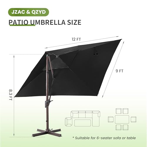 JZAC & QZYD 9x12 FT Outdoor Cantilever Patio Umbrella with LED Lights, Large Heavy Duty 2-Tier Aluminum Offset Umbrellas with 360-Degree Rotation for Pool Deck, Black - color: Black, size: 9'×12'