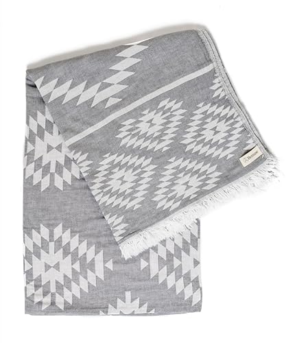 Bersuse 100% Cotton Teotihuacan XL Throw Blanket Turkish Towel Beach Blanket - Beach Camping Essentials - 75x90 Inches, Silver Grey - color: Silver Grey