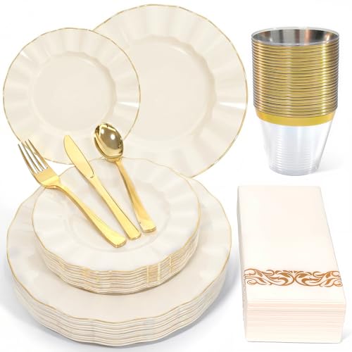 175 Piece Plastic Dinnerware Set Disposable Dinnerware Set for 25 Guests Include 50 Plastic Plates 25 Silverware Set 25 Cups and 25 Napkins for Mother's Day Party Wedding Birthday（White and Gold） - color: White and Gold
