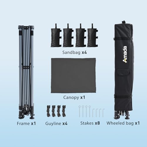 Amada 10x10 Pop Up Canopy Tent, 1-Button Push Easy-up Outdoor Canopy Beach Tent with 3-Height Adjustable Waterproof Shade Shelter, Wheeled STO-N-Go Bag 8 Stakes, 4 SandBags (10×10ft, Dark Gray) - color: Dark Grey, size: 10x10ft