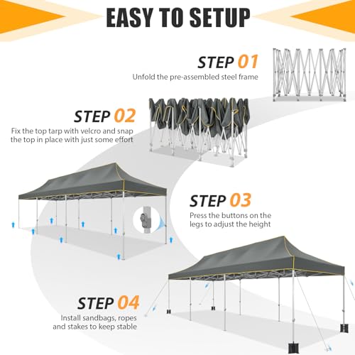 HOTEEL 10x30 Heavy Duty Pop Up Canopy Tent for Parties Event Wedding Commercial Instant Canopy with Wheeled Bag, Party Tent Waterproof UV 50+&Windproof, Upgraded Thick Hexagonal Legs, Gray - color: Gray, size: 10x30FT (No Walls)