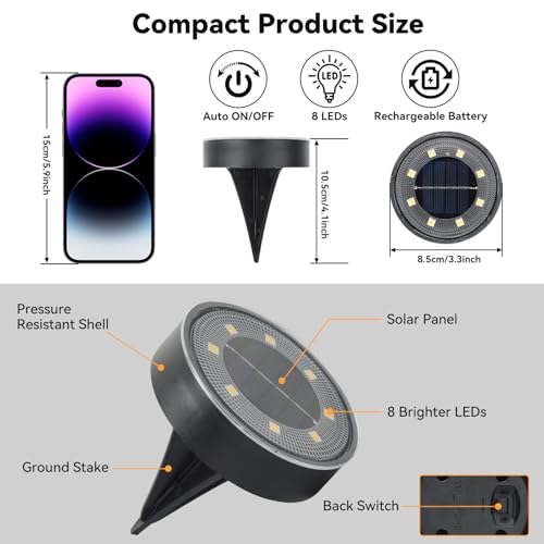 ELUTENG Solar Ground Lights 8 Pack IP68 Waterproof Solar Pathway Lights 8 LED Garden Lights Anti-Rust Outdoor Landscape Lighting for Lawn, Yard, Deck, Driveway, Walkway (Warm Light)