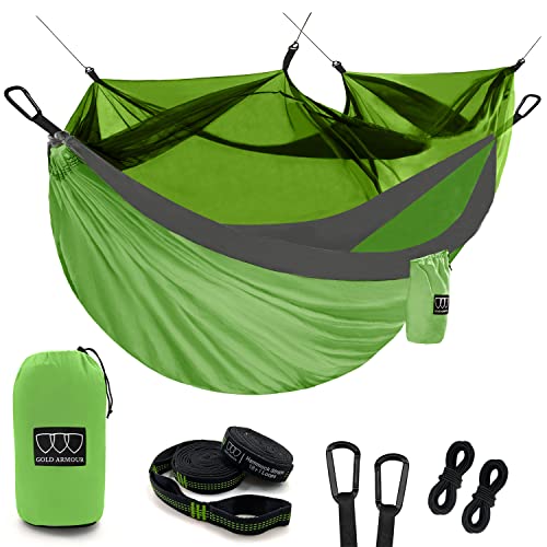 Gold Armour Camping Hammock - Camping Essentials, Double Hammock with Bug Net, Camping Gear Hammock for Outside, Hiking, and Travel (Lime Green & Gray) - color: Lime Green & Gray