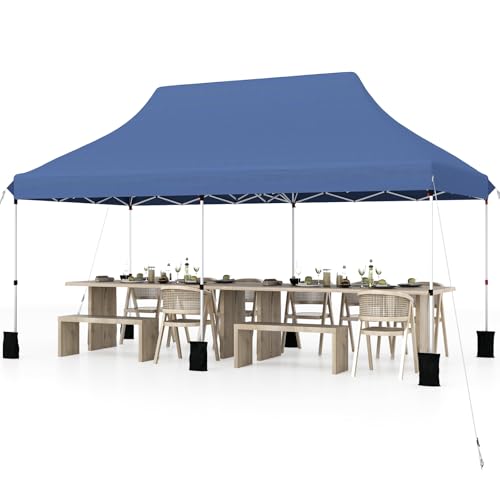 Tangkula 10x20 Ft Pop Up Canopy, Instant Setup Tent with 6 Sandbags, 12 Stakes & 6 Ropes, UPF 50+ Portable Outdoor Canopy Tent with Carrying Bag for Camp, Beach, Patio (Blue) - color: Blue, size: 10x20 FT