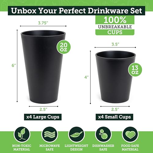 Grow Forward Premium Wheat Straw Cups - 13 & 20 oz Unbreakable BPA Free Hard Plastic Cups - Reusable Lightweight Plastic Drinking Glasses for Kitchen, Outdoor, Water, Camping, RV - Midnight - color: Midnight Black, size: 13/20oz