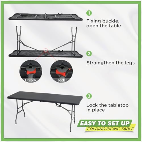 BestOffice Outdoor 6 FT Folding Camping Table Plastic Table Portable Square Height Dining Table Perfect for Picnics, Parties, Party and Camping, Black - color: Black, size: 6 FT