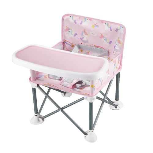 PandaEar Portable Baby Booster Seat | Compact Fold with Safety Straps & Feeding Tray for Indoor/Outdoor Use | Great for Travel, Camping, Beach, Lawn | Toddlers, Kids, Boys, Girls (Pink Unicorn)