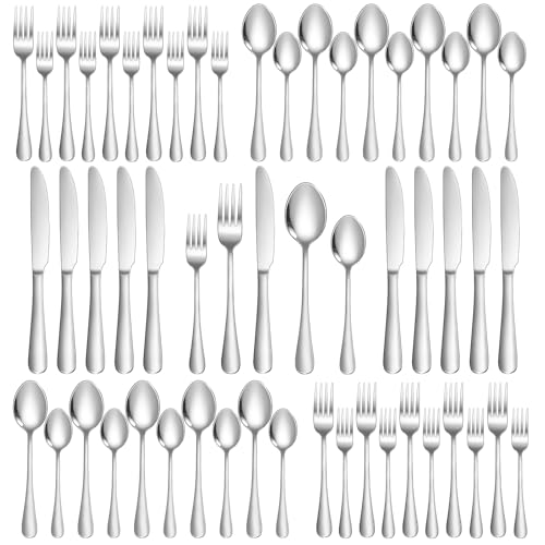 Lazycorner Silverware Set 50 Piece Stainless Steel Flatware Set Silverware Utensils for 10 People Includes Forks Knives Spoons & Salad Forks Dishwasher Safe for Home Restaurant or Outdoor Use - style: A. 50-Piece Silver
