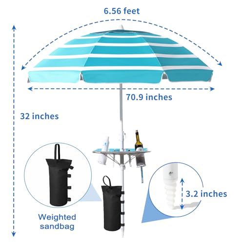 Beach Umbrella - Beach Umbrella for Sand Wind Portable with Tilt Pole, 6.56 FT Arc Length 5.9 FT Diameter, Heavy Duty Wind Resistant Striped Large Umbrellas, UV 50+ Parasol with Anchor Screw Adjustable Height