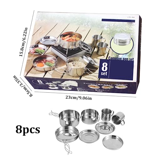 Camping Cooking Set 8PCS Stainless Steel Camping Cookware Portable Cooking Pot and Pan Set with Plates Cups for 5-6 Adults Outdoor Hiking Picnic BBQ, Camping Pots and Pans Set