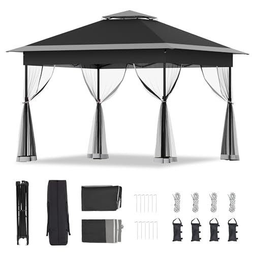 Bezseller 11x11 Pop Up Gazebo with Mosquito Netting – Easy 1-Person Setup, Water-Resistant Backyard Canopy for Family Patio & Garden Use, Black - color: Black, size: 11"x11"