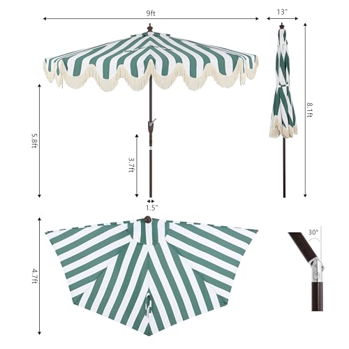 JONATHAN Y Half Umbrella UMB1201F Beverly 9 ft. Designer Classic Scalloped Fringe Market Patio with Crank, Push Button Tilt and UV Protection in Green/White - color: Green/White