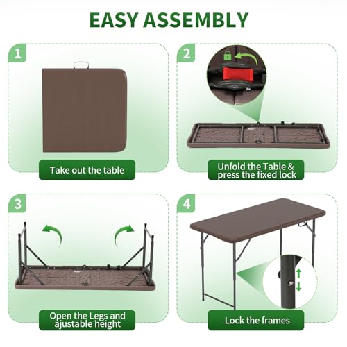 BestOffice 4 FT Picnic Table Folding Table Camping Plastic Table Fold Up Table Lock for Party Event, Brown Ratten - color: Brown Ratten, size: 4 FT