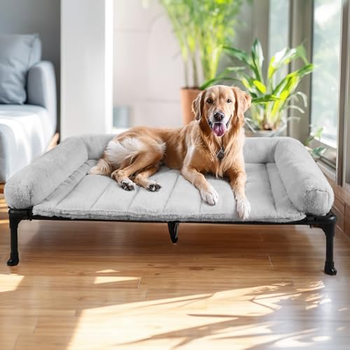 Veehoo Orthopedic Elevated Dog Bed with Fluffy Plush Bolster Cushion, Indoor Raised Dog Beds for Large Dogs, Soft Pet Sofa Cot with Removable Washable Mat, No-Slip Feet, 49 x 33 inches, Grey - color: Grey, size: 49.0"L x 33.0"W x 9.0"Th