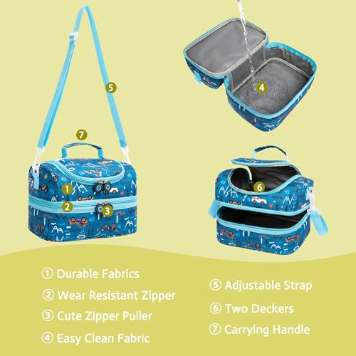 Insulated Kids Dual Compartment Lunch Bags Tote Pack for Girls Boys Toddler Kindergarten School Picnic Food Cooler Boxes with Shoulder Strap (Blue Car) - color: Blue Car