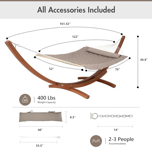 ANOW 13.5FT Curved Wooden Stand with Rope Hammock, Heavy Duty Larch Wood Arc Stand with 2 Chains, 4 Balance Ropes and 4 Carabiners, Includes Light Brown Hammock with Spreader Bars - color: Light Brown