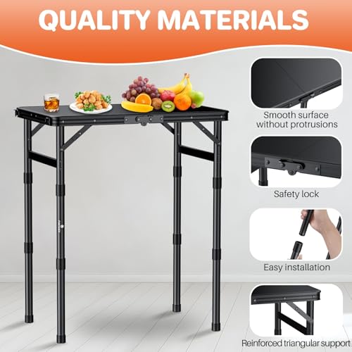 FUNYKICH Camping Table with Waterproof Plastic Tabletop 22.8''x15.7'', 3 Height Adjustable Small Folding Table, Lightweight Portable Picnic Table with Carry Handle for Picnic, Beach, Travel, Black - color: Black