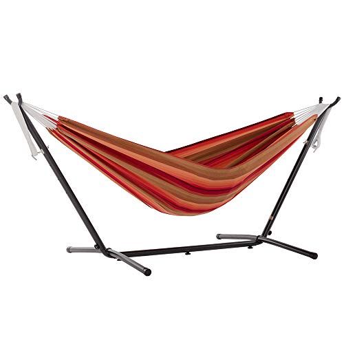 Vivere Brazilian Style Sunbrella Double Hammock with Steel Stand Combo, Sunset - color: Sunset