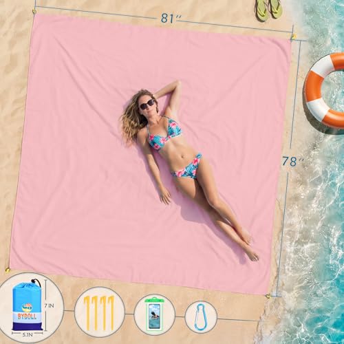 BYDOLL Beach Blanket Waterproof Sandproof Large Sand Free, 78''X81'' Oversized Sandless Lightweight Blanket Picnic Mat for Beach Travel Camping Hiking with Stakes - color: Pink, size: 78"X81"