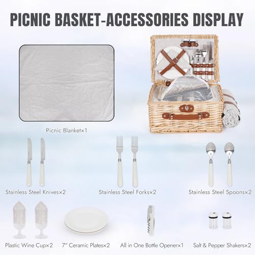 HappyPicnic Picnic Basket Set for 2 - Wicker Picnic Basket with Waterproof Blanket & Insulated Liner, Large Handmade Willow Hamper with Cutlery Kit for Outdoor, Picnic, Camping, Holidays (Flower) - color: White Flower