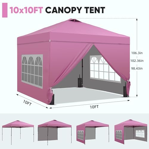 GDY 10x10 Pop Up Canopy Tent with 4 Sidewalls, Easy Set up with One Push Lift Outdoor Silver Coated Beach Gazebos, Carpas with 4 Sandbags, for Outdoor, Parties,Camping, Pink. - color: Pink, size: 10x10 with 4 Sidewall