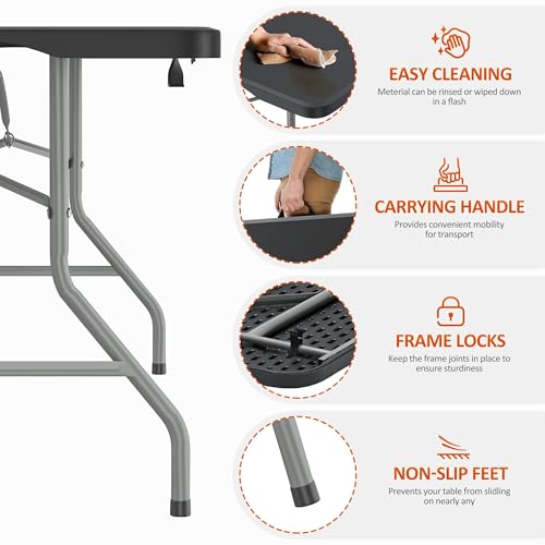8 Foot Folding Table 350 LBS Heavy Duty, 18% Thicker HDPE Waterproof Top, Portable Fold in Half with Carry Handle and Safety Locks, Reinforced Steel Frame for Indoor Outdoor Party Events - color: Black-a, size: 8FT