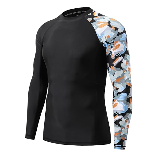 HUGE SPORTS Men's Rash Guard Long Sleeves UPF 50+ UV Sun Protection Quick Drying Splice Compression Swim Shirts - color: Camo Black, size: 3X-Large