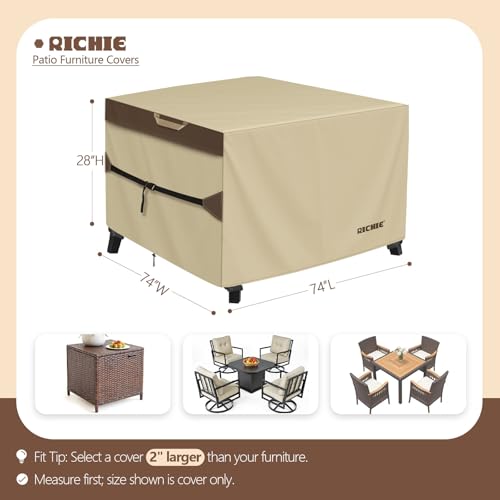 RICHIE Outdoor Patio Furniture Cover - Heavy Duty Waterproof 600D Tough Canvas Protector for Square Table Cover, All-Season Dining Table and Chair Cover (74L x 74W x 28H Inch) - size: Square-74"(L)x74"(W)