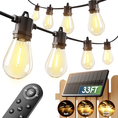 addlon 33FT (27+6) Solar String Lights for Outside Outdoor Waterproof with USB Port & Remote Control Solar Patio Lights Last for 20+Hrs Dimmable Solar Power LED Bulbs Hanging for Porch Garden Bistro - size: 27+6FT(9 Sockets)