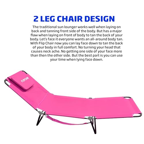 EASYGO PRODUCTS Lawn Chair Chaise Lounge 2 Legs Support Polyester Material Reclining Backrest Head Rest Pillow Great for Beach, Home, Backyard, Outdoor, Patio, Pool, Camping, Lawn or Deck Color Pink - color: Ecochair-pink