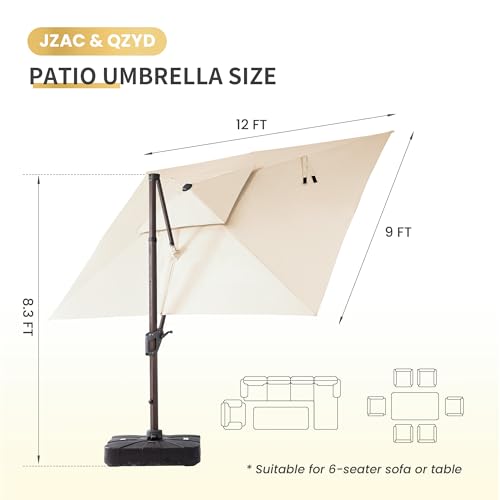 JZAC & QZYD 9x12 FT Outdoor Cantilever Patio Umbrella with Base Included and LED Lights, Large Heavy Duty 2-Tier Aluminum Offset Umbrellas with 360-Degree Rotation for Pool Deck, Beige - color: Beige, size: 9'×12' - Weighted Base Included
